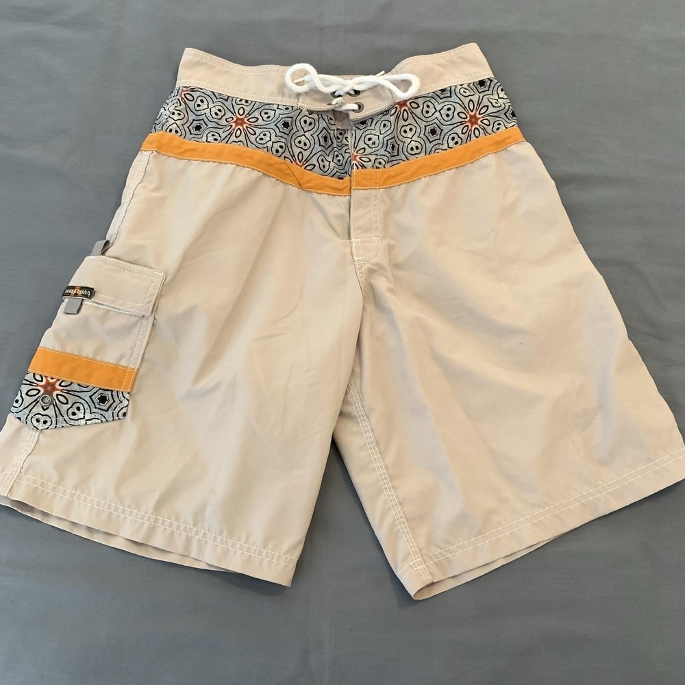 Aaron Chang Board Shorts Mens 32 Beige Geometric Swim Trunks Cargo Surf Beach